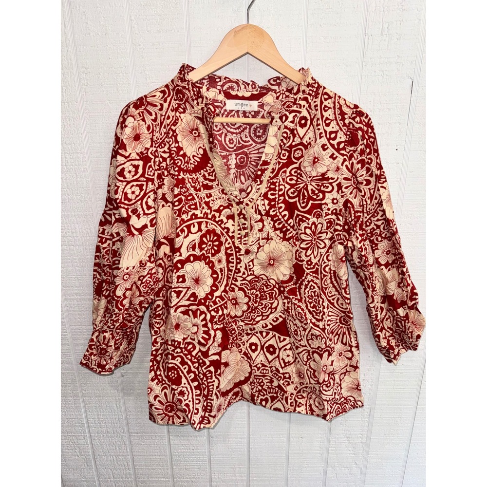 Umgee Blouse Women Red Paisley Floral Lace Up Ruffle Boho Top Plus Size L